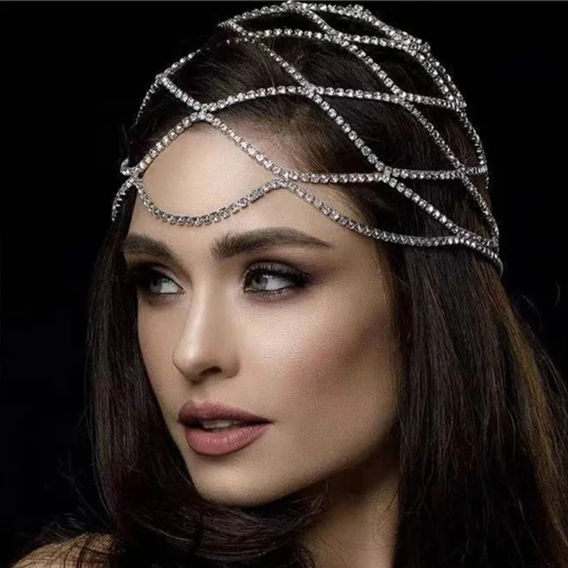 Wholesale Fashion Mesh Tiara Super Flash Rhinestone Brow Chain Bridal Wedding Hair Accessories