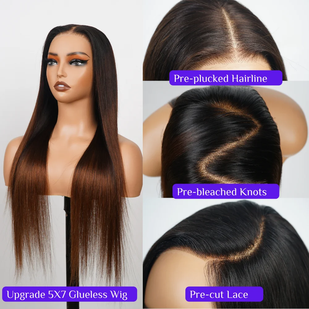 Raw Vietnamese Hair Wear And Go Pre Bleached Knots Straight Color Wigs,7x5 Pre Plucked Hairline Glueless Wigs Human Hair Wig
