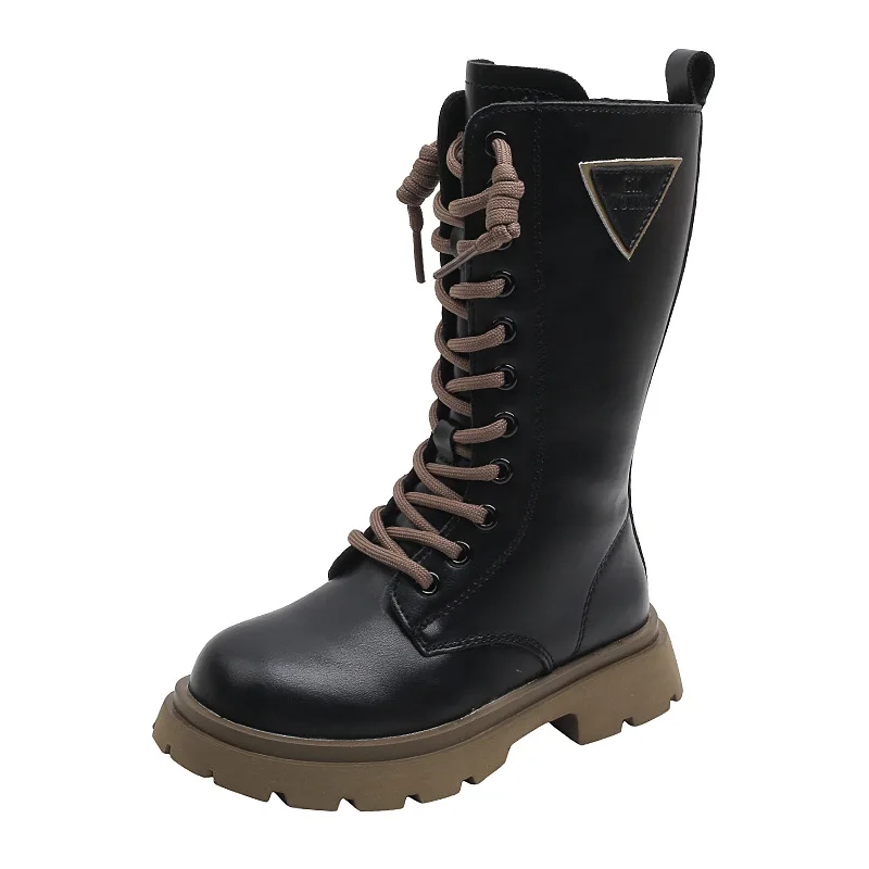 Girls High Boots Kids Fashion Solid Black Uniform Party Shoes Zip Winter Warm Breathable Low Heels Children Boots