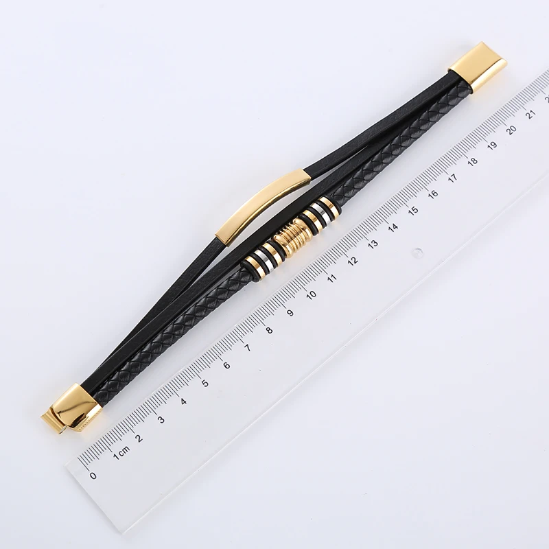 fashion jewellery wholesale stainless steel 18k gold plated blank bar men leather bracelet