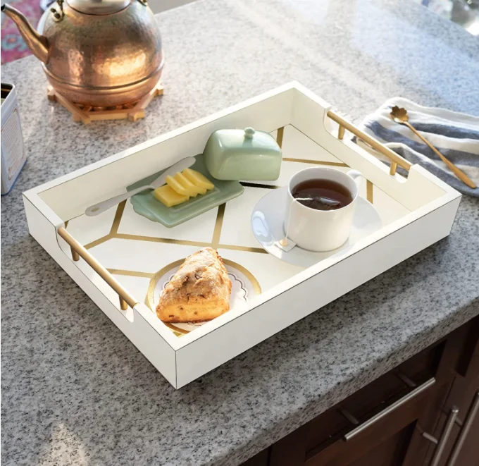 White  Gold Coffee Table Decorative Ottoman Tray for Serving Food wooden  tea tray with handles
