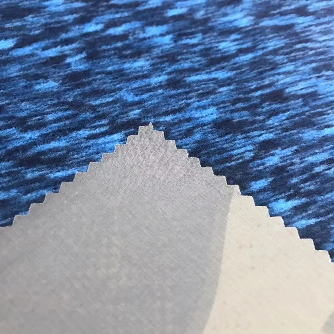 Wholesale 70D 350GSM Printed Ripstop nylon fabric spandex 4 way stretch bonded with yarn dyed polar fleece for softshell jacket