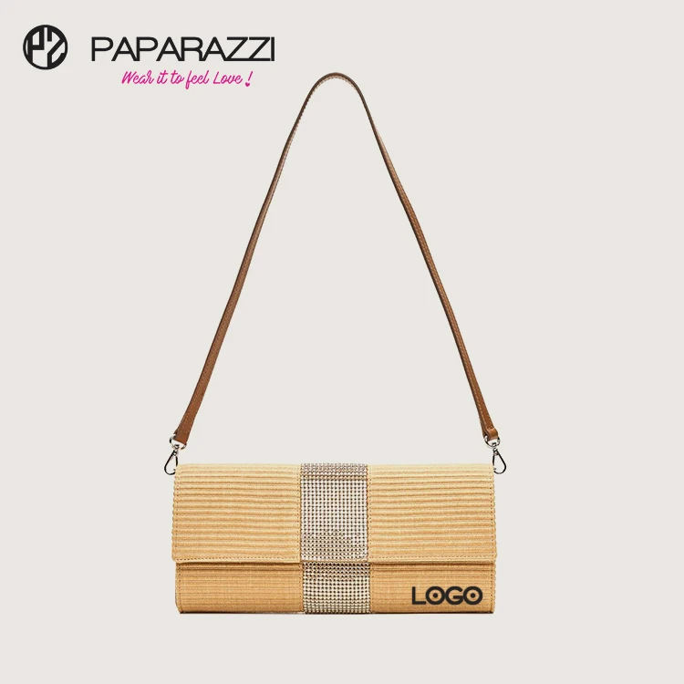 Paparazzi 2023 #PA0039 Elegant Women Classy Evening Bag Rich Raffia Woven Clutch Bright Crystal Mesh Beaded