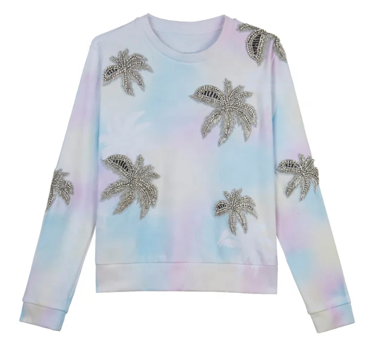 Custom Crystal Palm Trees 100% Cotton French Terry Girls Pullover Tie Dyed Sweatshirt