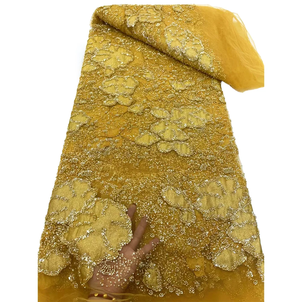 NI.AI Luxury Bead Lace Shiny Sequin Lace Bridal Beaded Fabric Chiffon Net Lace Fabric With Beads