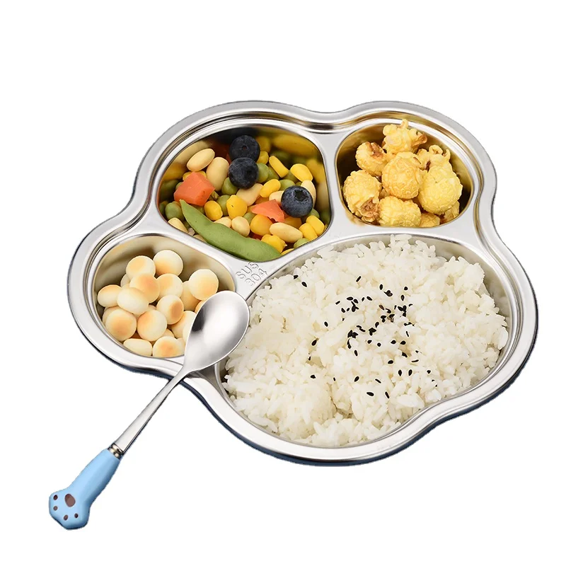 Cartoon Plate 18/8 Stainless Steel 304 compartments food tray shatterproof for kindergarten Canteen Kids Eating Plate Children