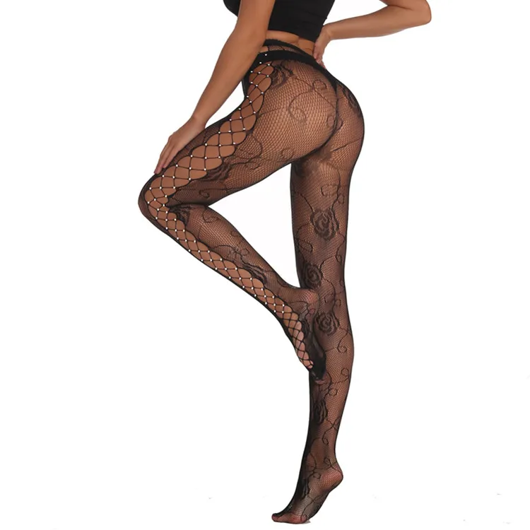 Explosive Underwear Temptation Rose Stocking with Rhinestone Hollow out Mesh Transparent Tights Pantyhose for Women