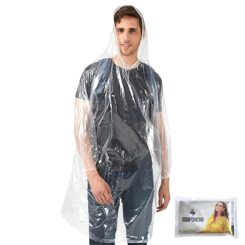 transparent rain card poncho clear red blue green sleeve hooded good quality disposable