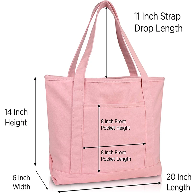 Custom Cotton Canvas Logo Zipper Tote Bag pink Shoulder Bags With Large Capacity