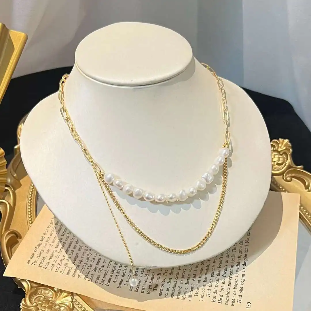 Value saving fashion double-layer collarbone chain 7-8MM natural Baroque freshwater pearl necklace Value saving fashion jewelry
