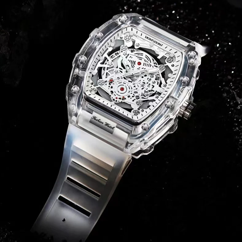 Hot Sale Fashion  Transparent Rectangle Case Quartz Watch for Men