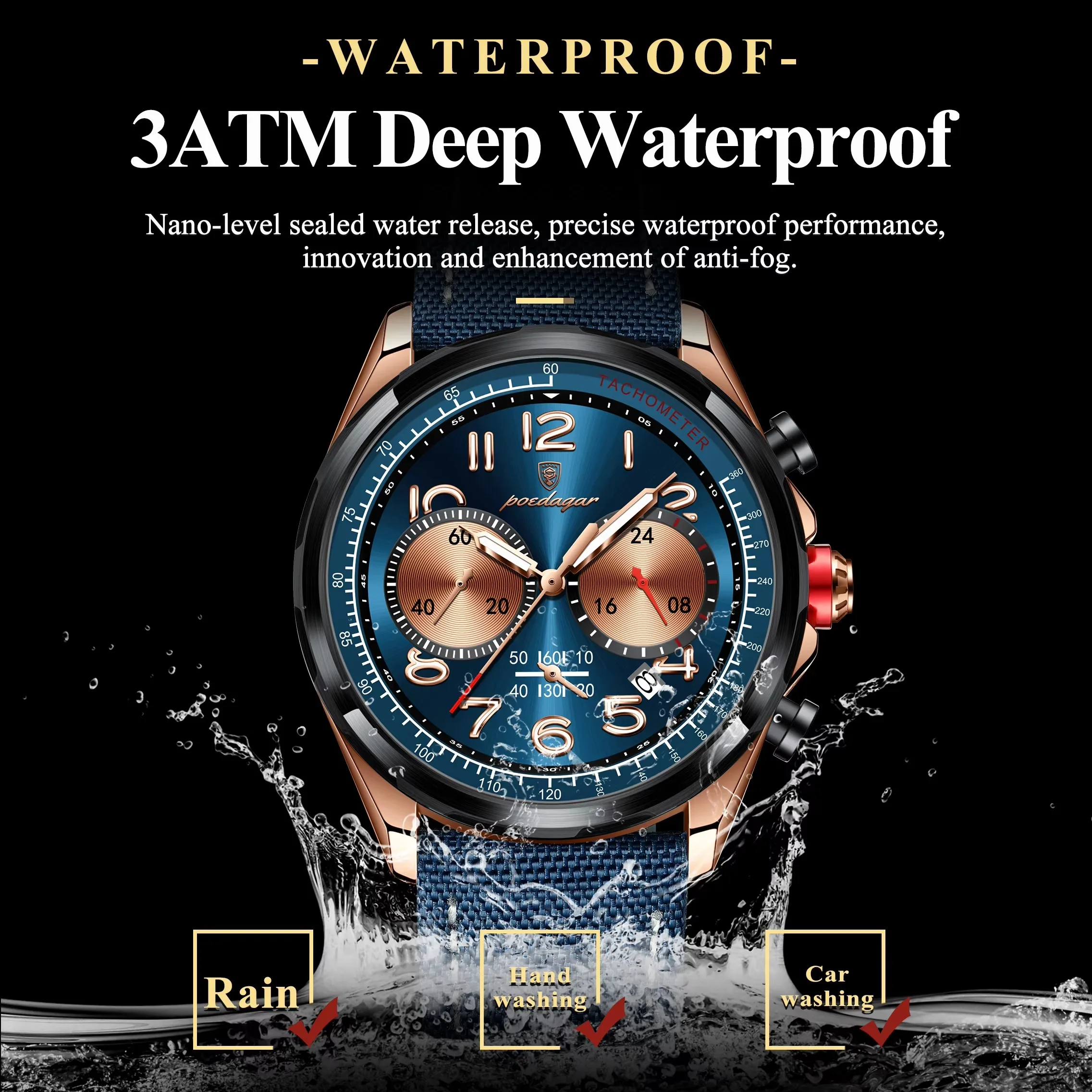 POEDAGAR 862 Waterproof Luminous Function Man Wristwatch Casual Male Wrist Nylon Leather Chronograph Luxury Quartz Watch for Men