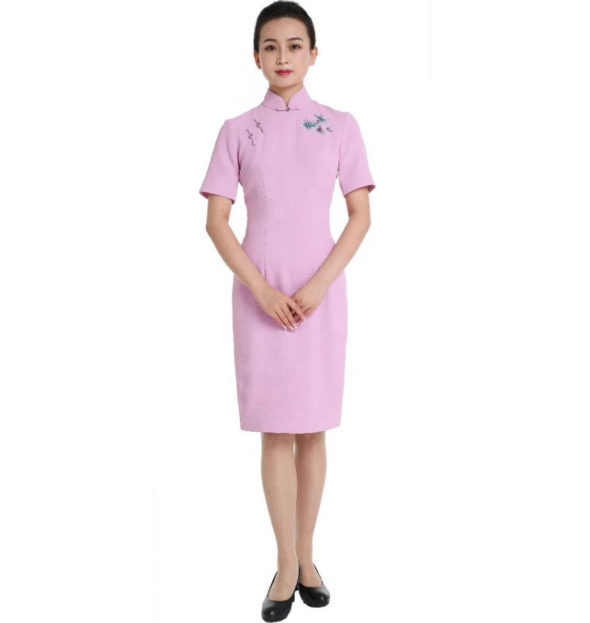 Classical Chinese quintessence slim fit short Cheongsam style pink or red color dress design sexy air stewardess uniforms