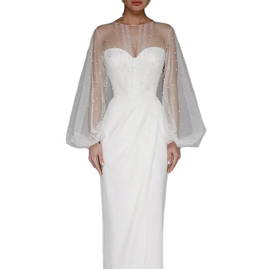 Wholesale Cheap High Quality Off-shoulder Gray White Wedding Dress Sexy Strapless With Pearls Long Sleeve and Hip Wrap Dress