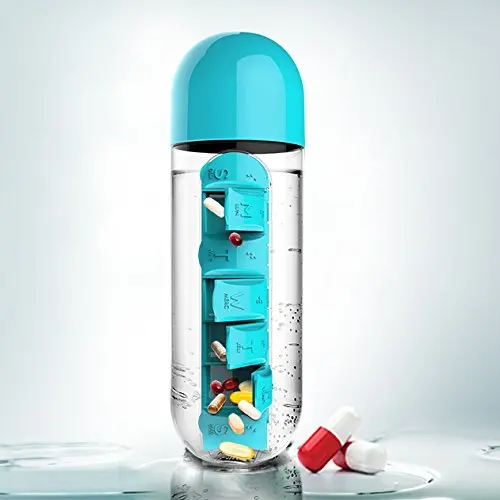 600ml 2 in 1 Pill Box Water Bottle Outdoor 7 Compartments Medicine Organizer With Drinking Bottle Portable Carrying Tablet