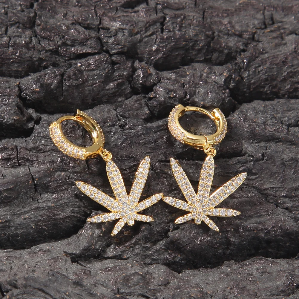 Hip Hop 1Pair Iced Zircon Maple leaf Earring Gold Color Micro Paved Bling CZ Stone Earrings For Men Jewelry
