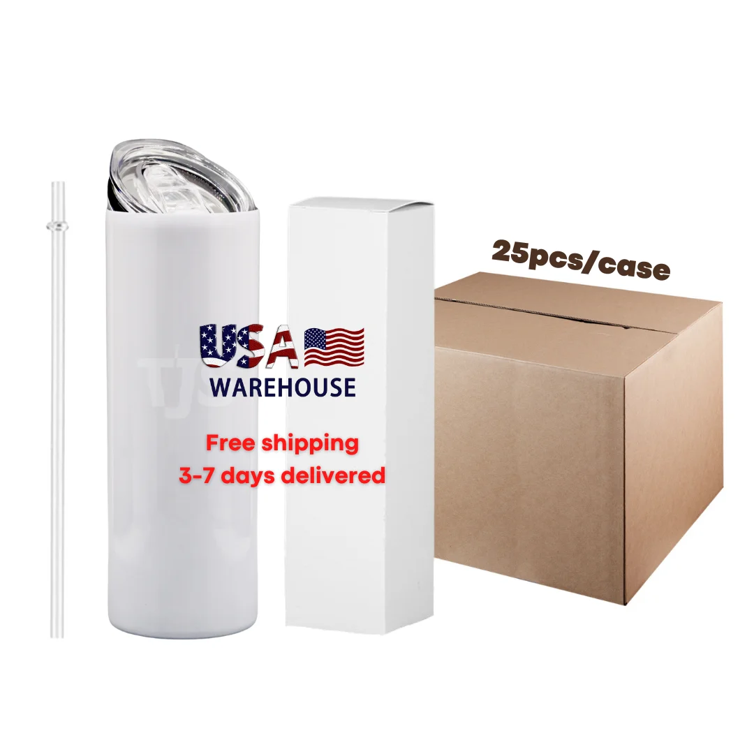 Free shipping USA warehouse RTS 20 oz white straight skinny blanks sublimation tumblers 20oz with plastic straw and rubber