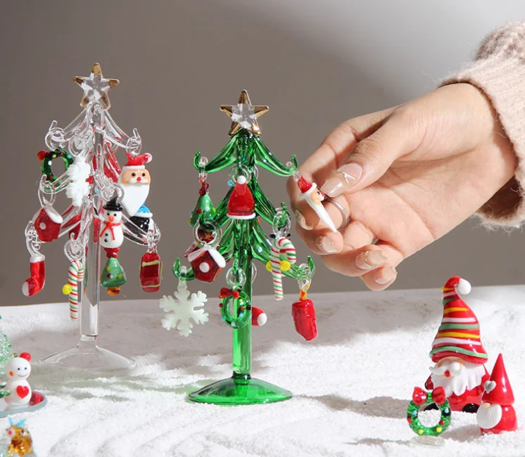 handmade luxury family ornaments artificial white star topper mini glass christmas tree decoration with pendant toy accessories