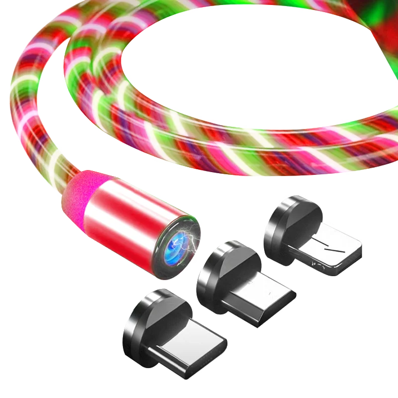 Custom Magnetic 3 in 1 Fast Charging USB Cable Flowing Light Phone Accessories Led Luminous Type C Micro Lighting Data Cables