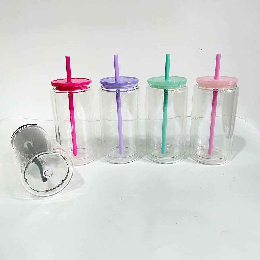 Reusable Coffee pre drilled hole snow globe beer 12oz 15oz sublimation double wall beer can glass with plastic lid and straw