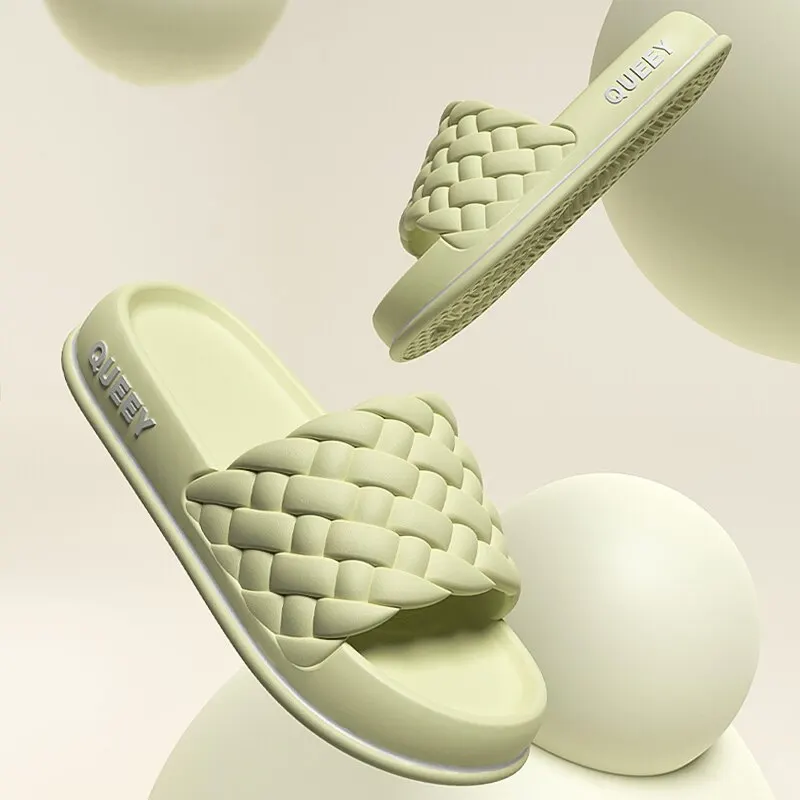 Feslishoet Women Weave Slippers Thick Sole Summer Beach Slides Bathroom Slipper Soft Sandals Fashion Cloud Shoes