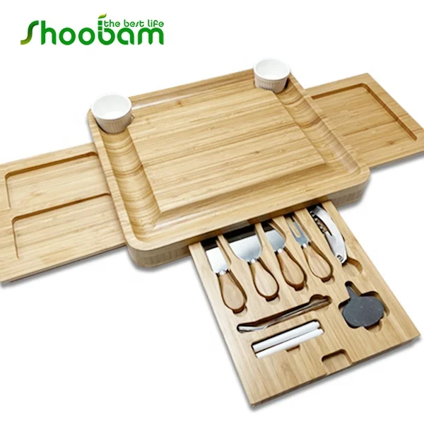 Bamboo Large Charcuterie Board Set - Bamboo Cheese Board with Knife Set & Wine Meat Cheese Platter
