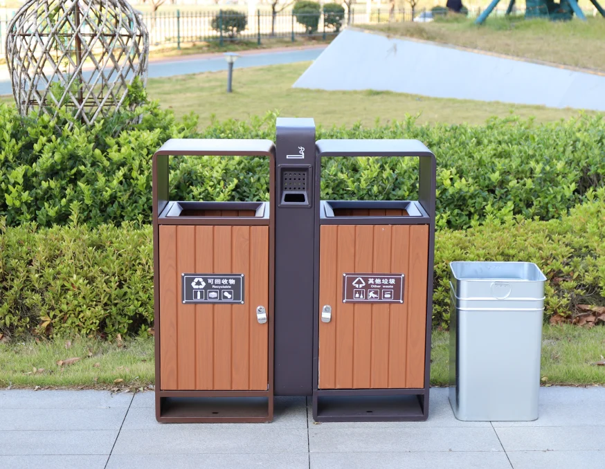 Outdoor Recycling Trash Can with Durable Litter Bin Plastic Wood Outdoor Double waste bin with ash try