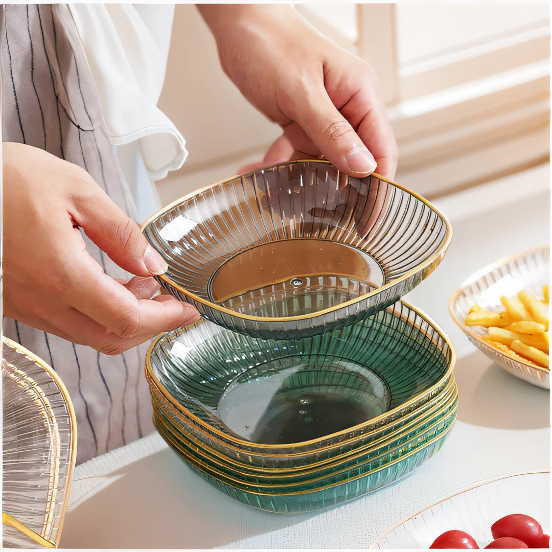 Light Luxury Transparent Fruit Plate Bone Dish Golden Edge Good-looking Dried Fruit Tray Fruit Plate Snack Dish