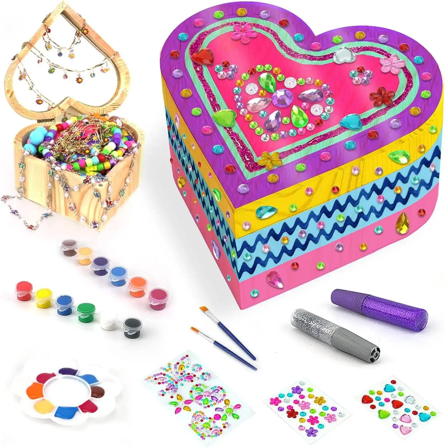 Paint Your Own Wooden Kids Heart  shaped  Treasure Diamonds  Painting Jewelry Box Kit for Toddler Girl christmas arts crafts set