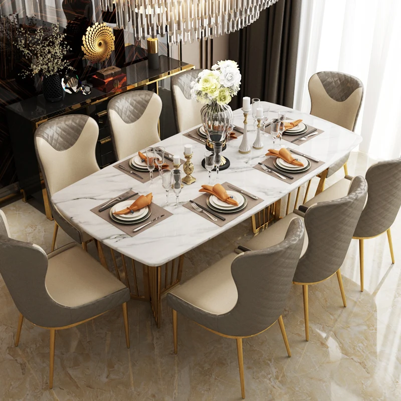 Modern marble top dining table and fabric dining chairs for modern dining table set
