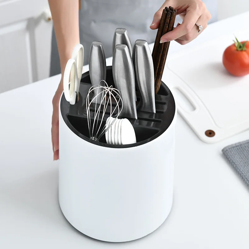 Kitchen Cutlery Storage Rotating Drain Storage Tube Desktop Organizer PP Material Knife Holder