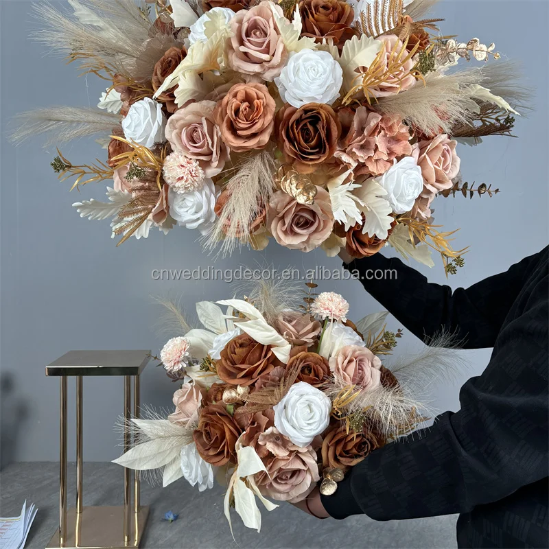 Bride Bouquet Real Touch Flower Feather Pink White Champagne Rose Gold Leaves Flower Ball Centerpiece For Wedding Decoration
