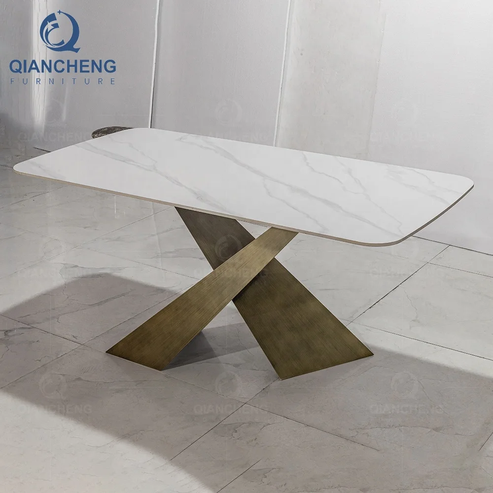 kitchen furniture stainless steel legs dining table luxury design white marble top dinning table set