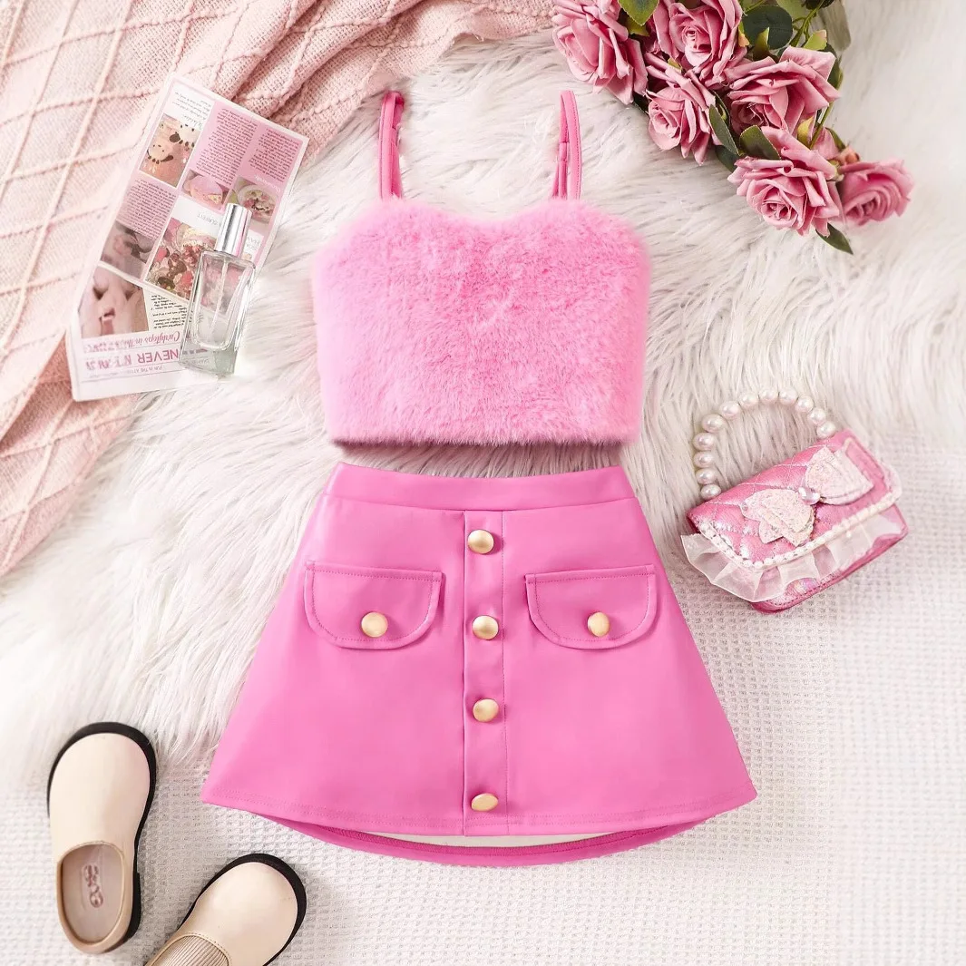 2024 Spring Summer Girls Casual Clothes Solid Color Fur Halter Top Leather Short Skirt Wholesale Children Clothing Set