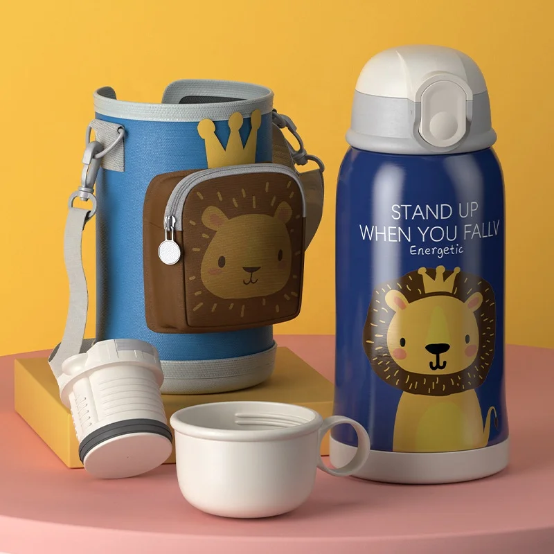Kid Water Bottle 500ml  Vacuum Cup  With Straw Wholesaler For Outdoors Student Water Cup Lovely Cartoon With Cup Set