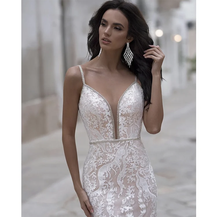 Hot sale deep v neck sleeveless backless bridal gowns wedding dress elegant women wedding dresses bridal