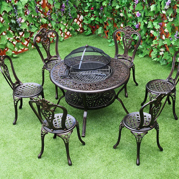 Garden Set Cast Aluminum Outdoor Furniture Patio Dining tavolo da giardino Chair Set Charcoal BBQ Table
