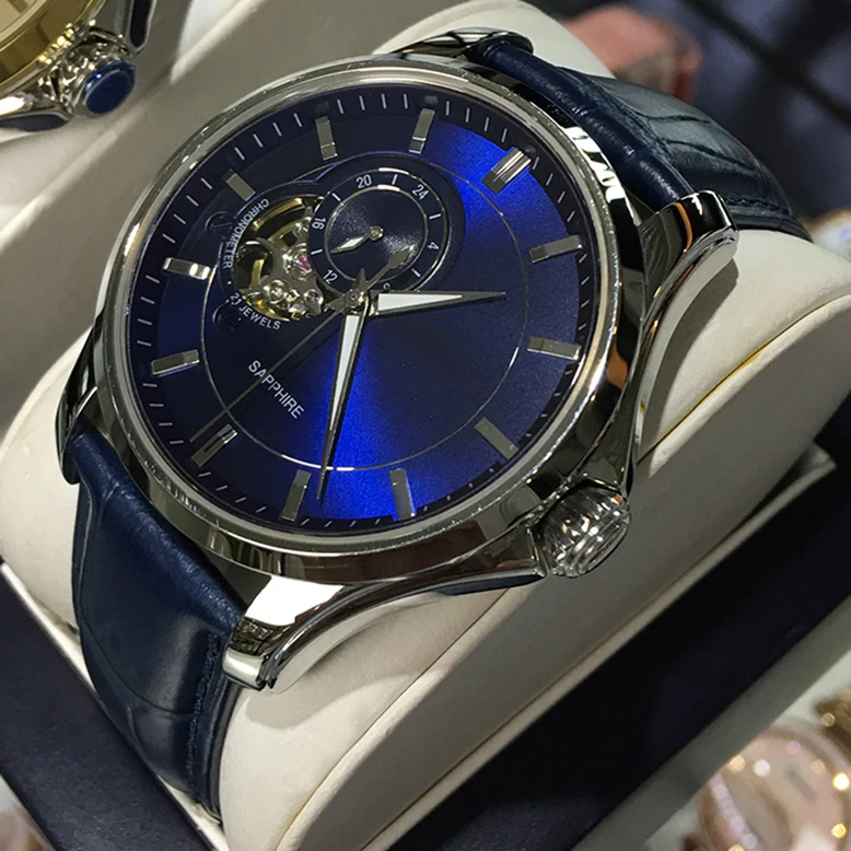 Custom cow leather strap 24 hours show skeleton leisure men mechanical automatic watch