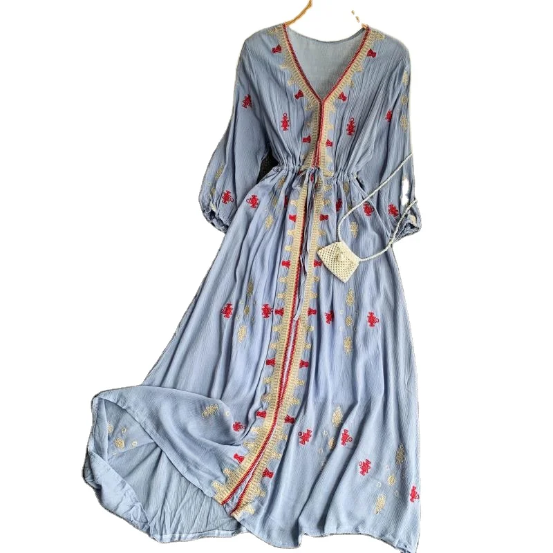 Elegant Female Long Sleeve Chiffon Embroidered O-neck Braided Tassels Split Maxi Dress