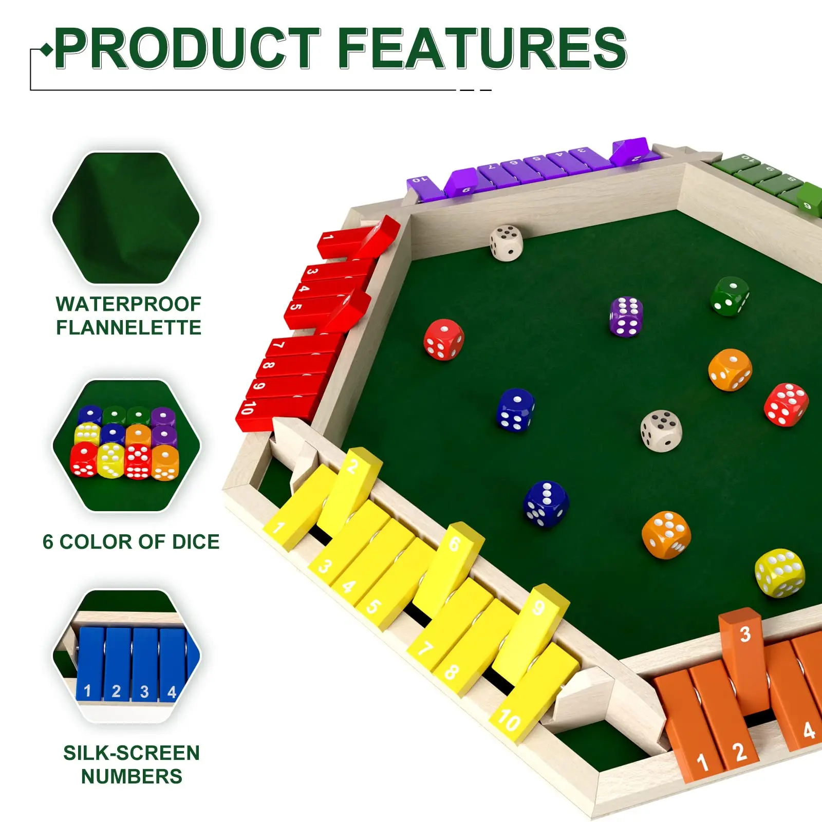 1-6 Players Shut The Box Dice Game, Wooden Board Table Math Game with 16 Dice