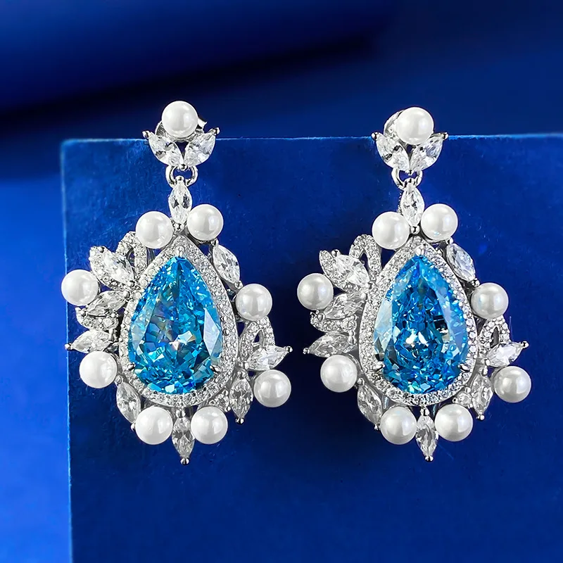 S925 Silver Earrings Pear Cut 8x12mm Sea Blue Zircon Inlaid Water Drop Versatile Boutique Fine Jewelry Earrings