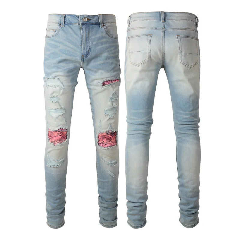 AIPA Men Orange Patchwork Ripped Jeans Men Stacked Jeans Personality High Street Men Blue Ripped Patch Slim Jeans