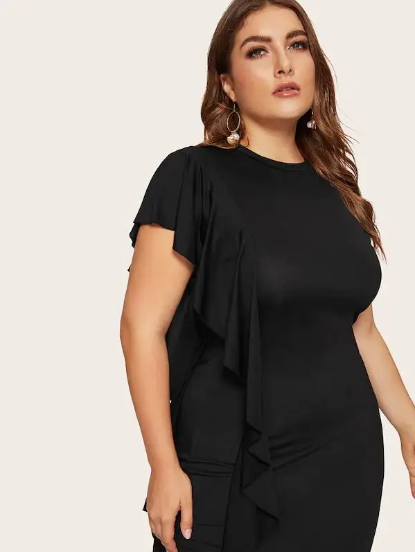 plus size 5XL dresses New arrival Leaf edge sleeve ruffles trim dress evening dress FM-6801