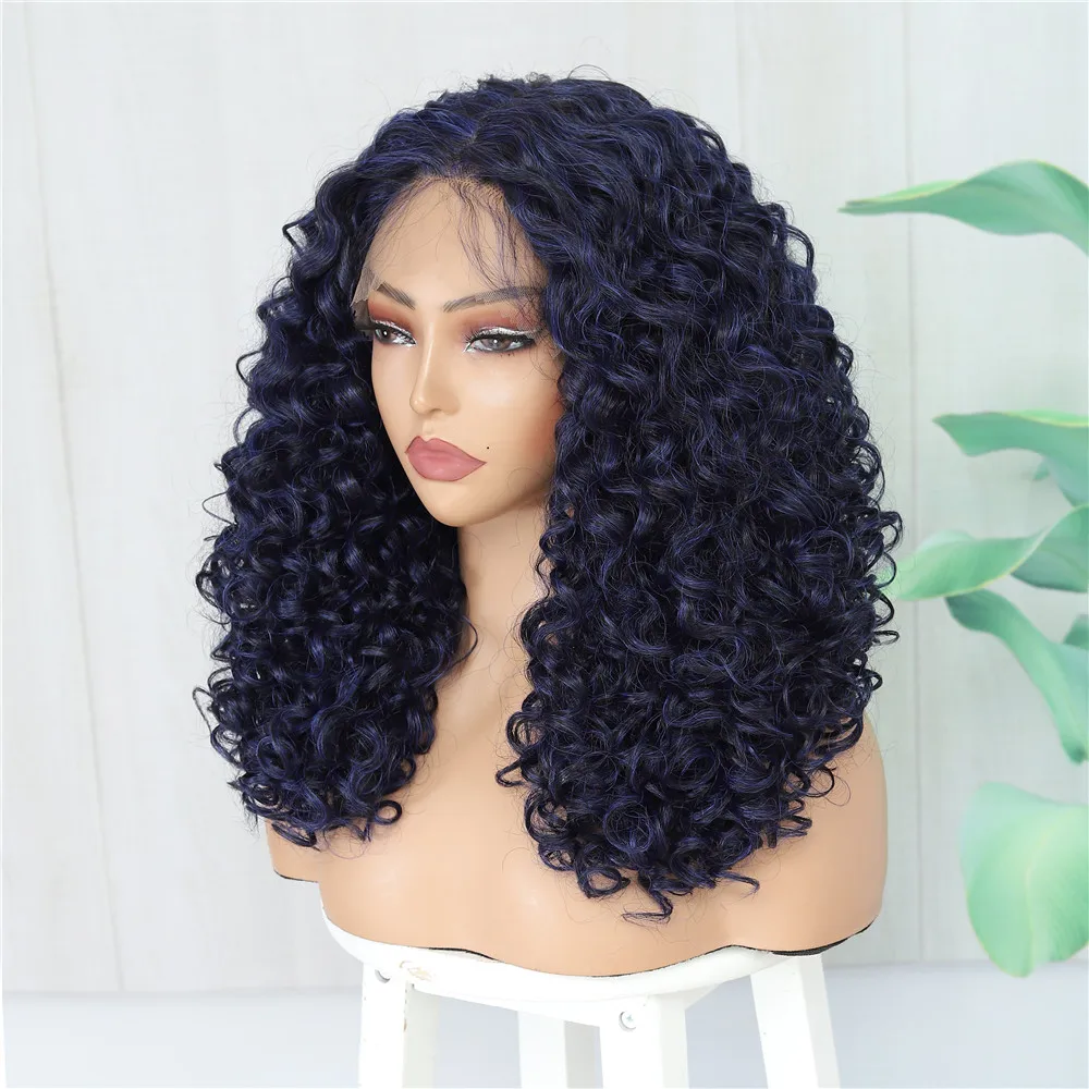 New Arrival Blue Color Synthetic T Part Lace Front BOB Wig  Wholesale Glueless Wig For Black Women Special Curly Wig