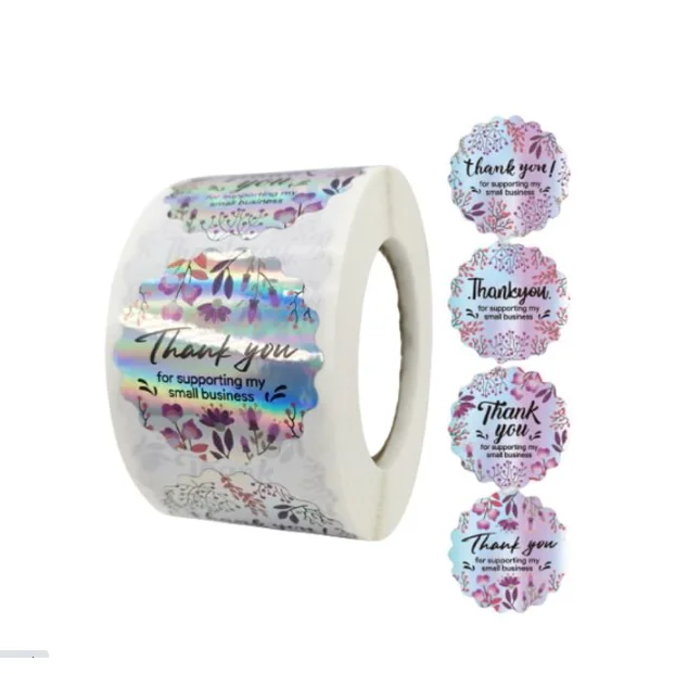 Custom Printed Logo Laser Sticker waterproof Self Adhesive Thank You Vinyl Roll bottle packaging Label custom stickers