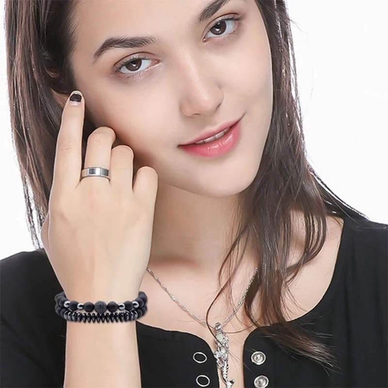 Men Women 2Pcs / Set Natural Matte Black Onyx Stone Jewelry Charm Healing Bead Bracelet