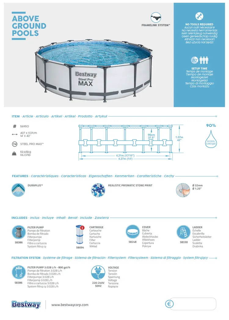 Bestway 56950 havuz portable ABOVE ground swimming pool suite round swimming pool PVC FAMILY 4.27m x 1.07m Round Pool Set