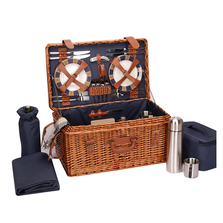 Hand woven rectangular wicker picnic storage basket with lid handle,with external belt
