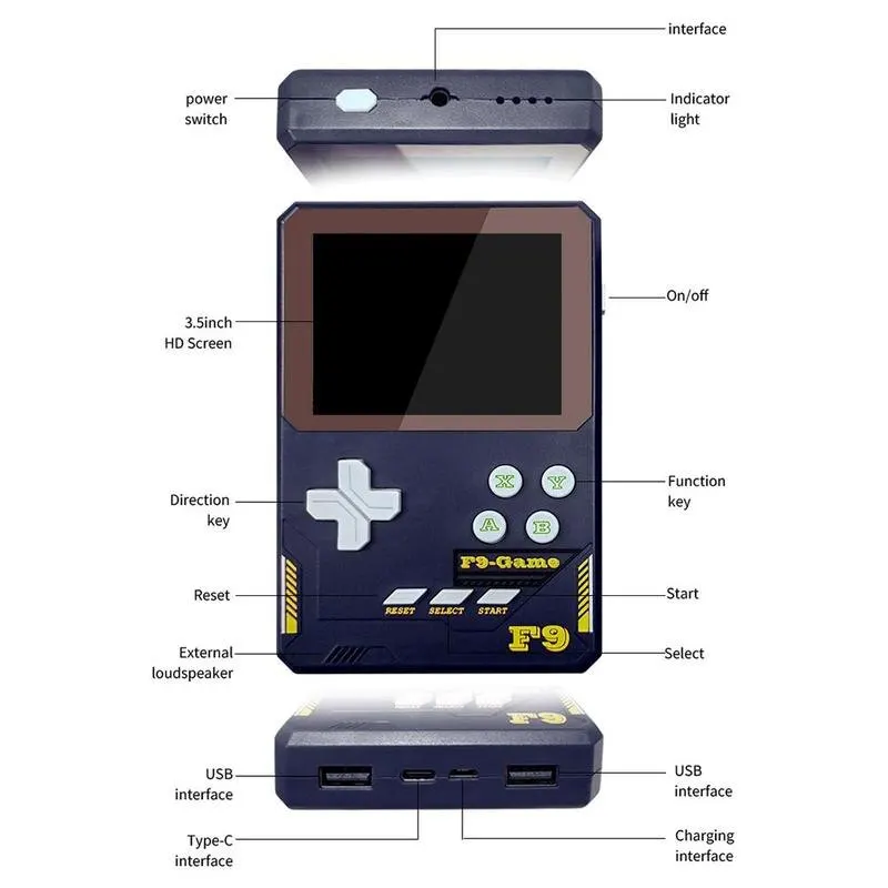 Retro F9 Handheld Game Console Classic 500 in 1 Charging Treasure Video Game Consoles 3.5 Inch Color Screen Retro Game Console