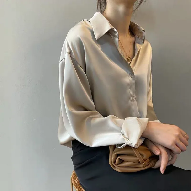 2021 New Summer Women Fashion Long Sleeves T Shirt Satin Blouse Vintage Femme V Neck Street Shirts Elegant Silk Blouse